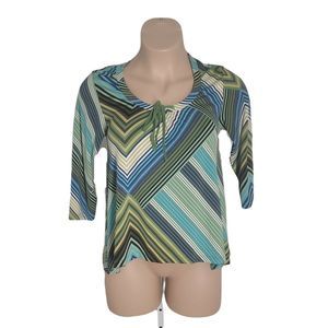 Sky's The Limit Cute Classy Shirt Blouse ~ Sz M ~ Green & Blue ~ 3/4 Sleeve